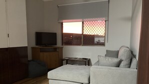 Ein Wohnzimmer mit grauem Sofa, einem Fernseher auf einem Holzboden, einem Fenster mit Ausblick und Holzdielen.