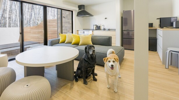 A modern living room with a round table, grey sofa, and ottomans. Two dogs are present, one sitting and one standing. - Rakuten STAY VILLA FujiKawaguchiko Forest (Fujikawaguchiko)