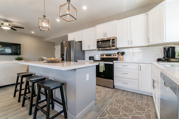 Fridge, microwave, oven, stovetop