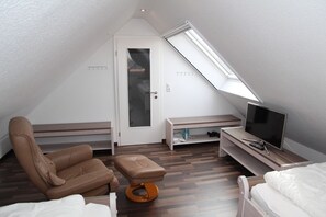 Ein kleiner, gut beleuchteter Raum mit schrägem Dach, einem Einzelbett, einem braunen Ledersessel, einem kleinen Tisch mit Fernseher und Fernbedienung sowie einer Tür mit Milchglasfenster.