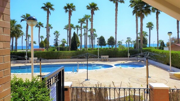 Un área de piscina con varias piscinas, palmeras y vistas al océano.