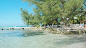 A beach with clear water, trees, and lounge chairs. - Breathtaking view (Rum Point)