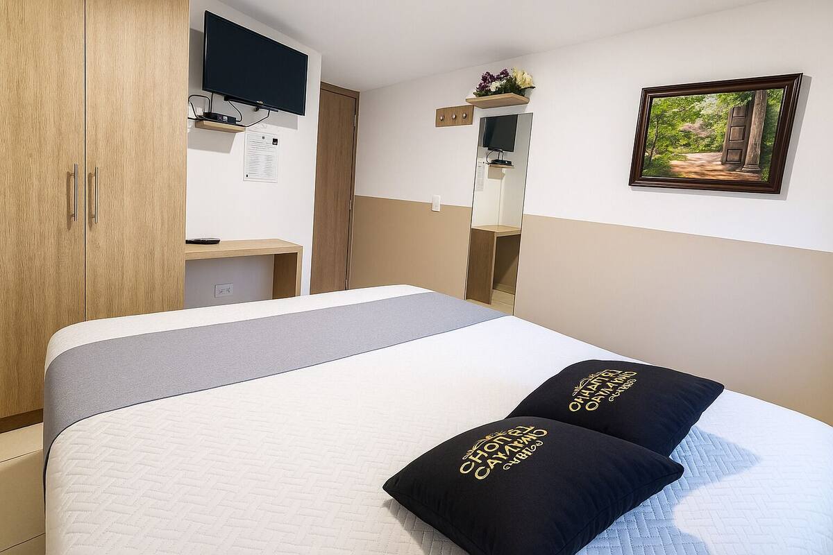 Una habitación de hotel con cama, televisión, armario y un cuadro en la pared.