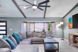 Smart TV, fireplace, table football, ping pong