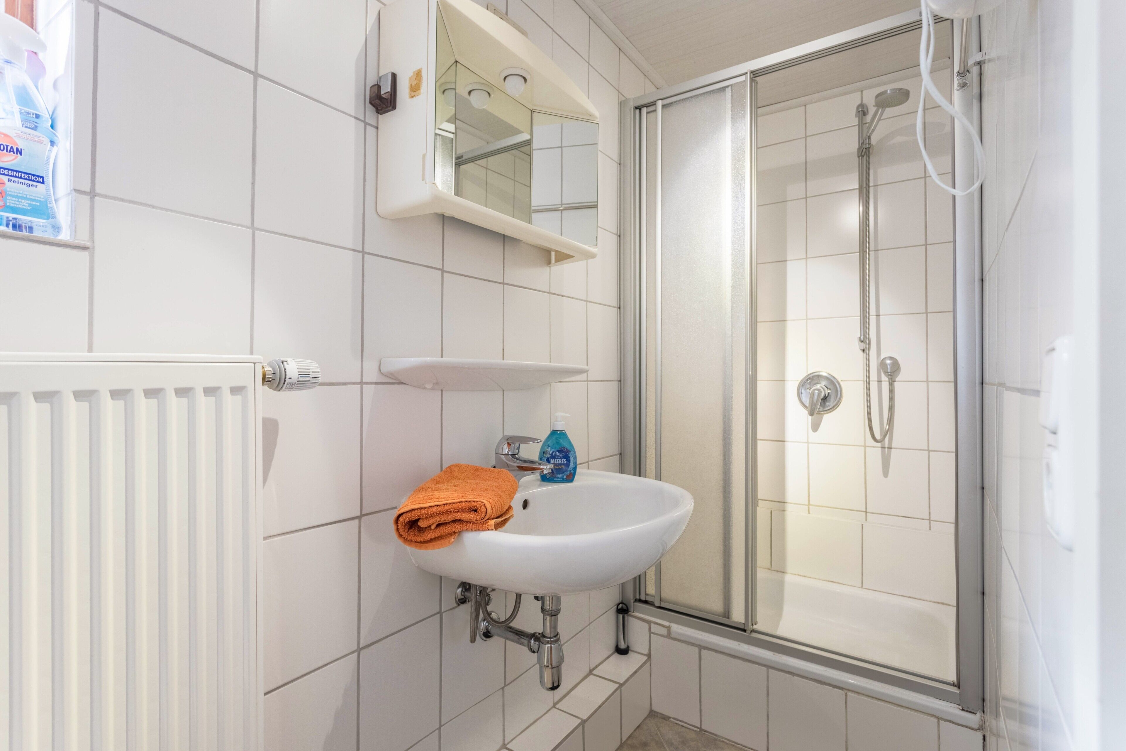 A bathroom with a white sink, a mirror, a shower, and a radiator.
