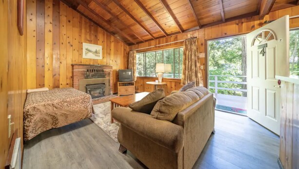 A cozy cabin interior with wooden walls and a fireplace. There is a sofa and a small table with a lamp. - Masood's Lodge (Boulder Creek)