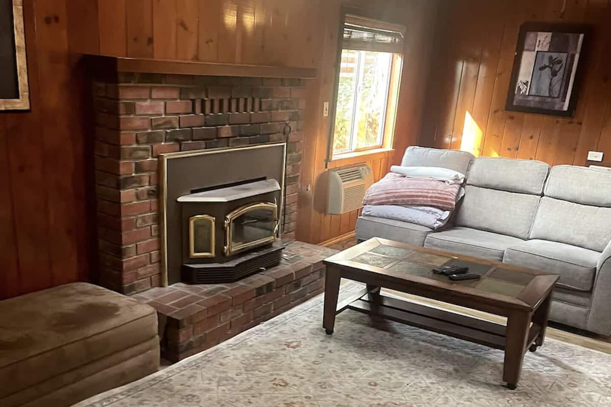A cozy living room with a brick fireplace, a grey sofa, and a patterned rug.