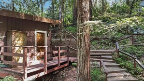 A wooden cabin with a deck and stairs leading up to it, surrounded by trees and natural vegetation. - Masood's Lodge (Boulder Creek)