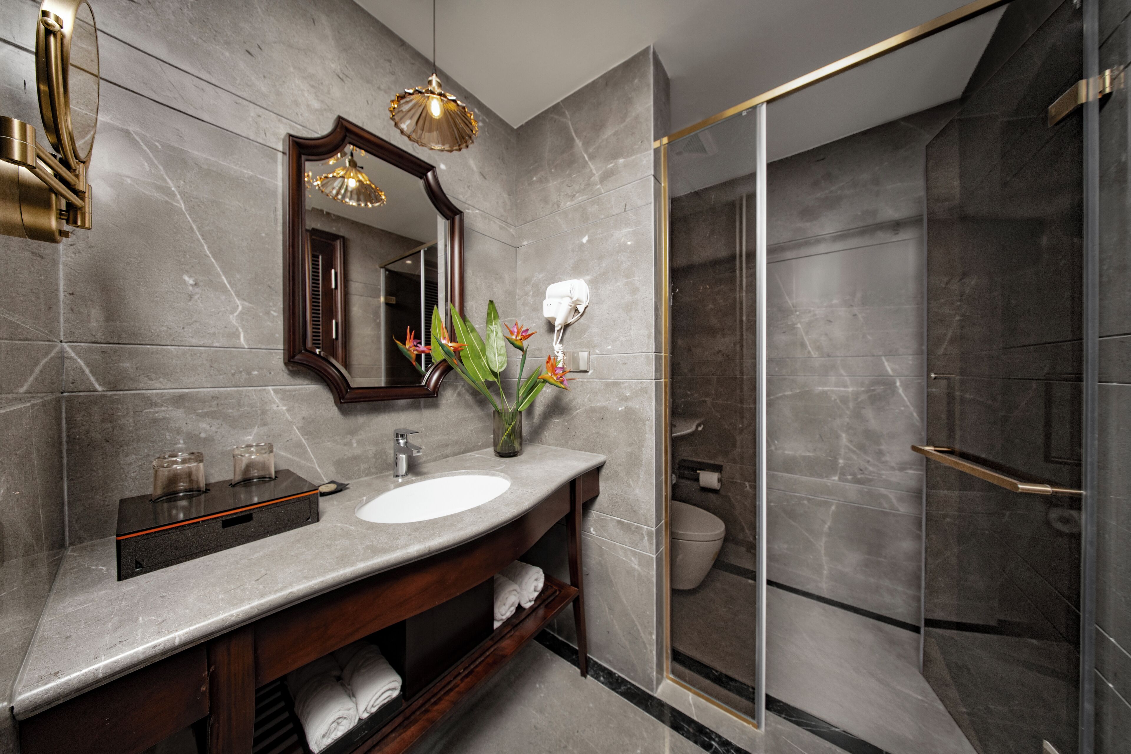 family connecting room with balcony | bathroom | shower, rainfall showerhead, free toiletries, hair dryer