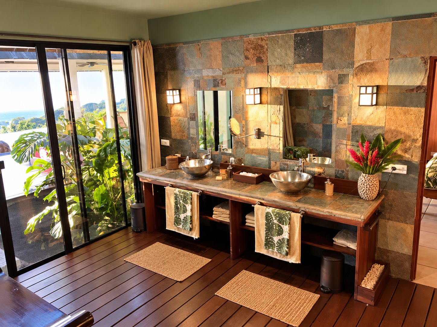 A bathroom with a stone wall, a large mirror, and a wooden vanity with a bowl sink.