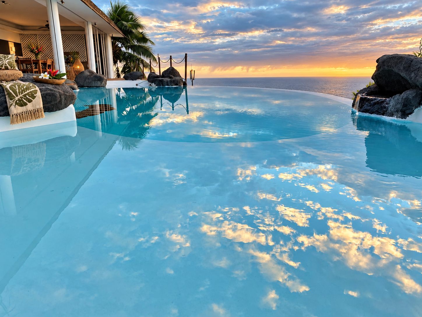 A infinity pool with a view of the ocean and sunset.