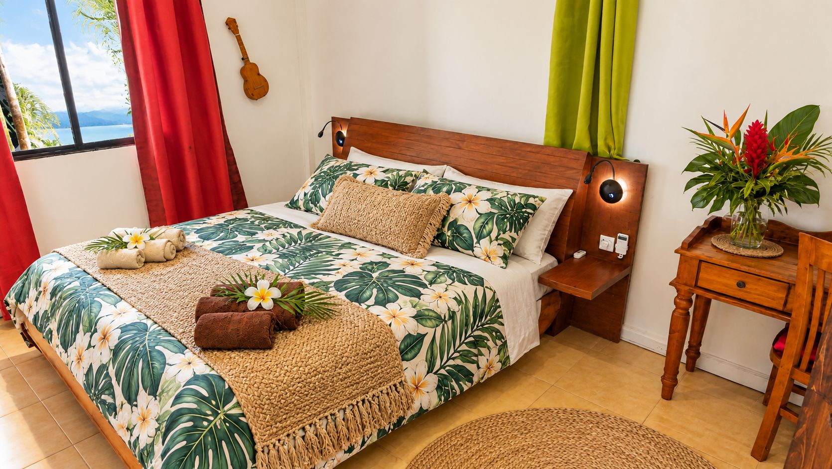 A bed with a tropical floral bedspread, a wooden headboard, and a nightstand with a lamp.