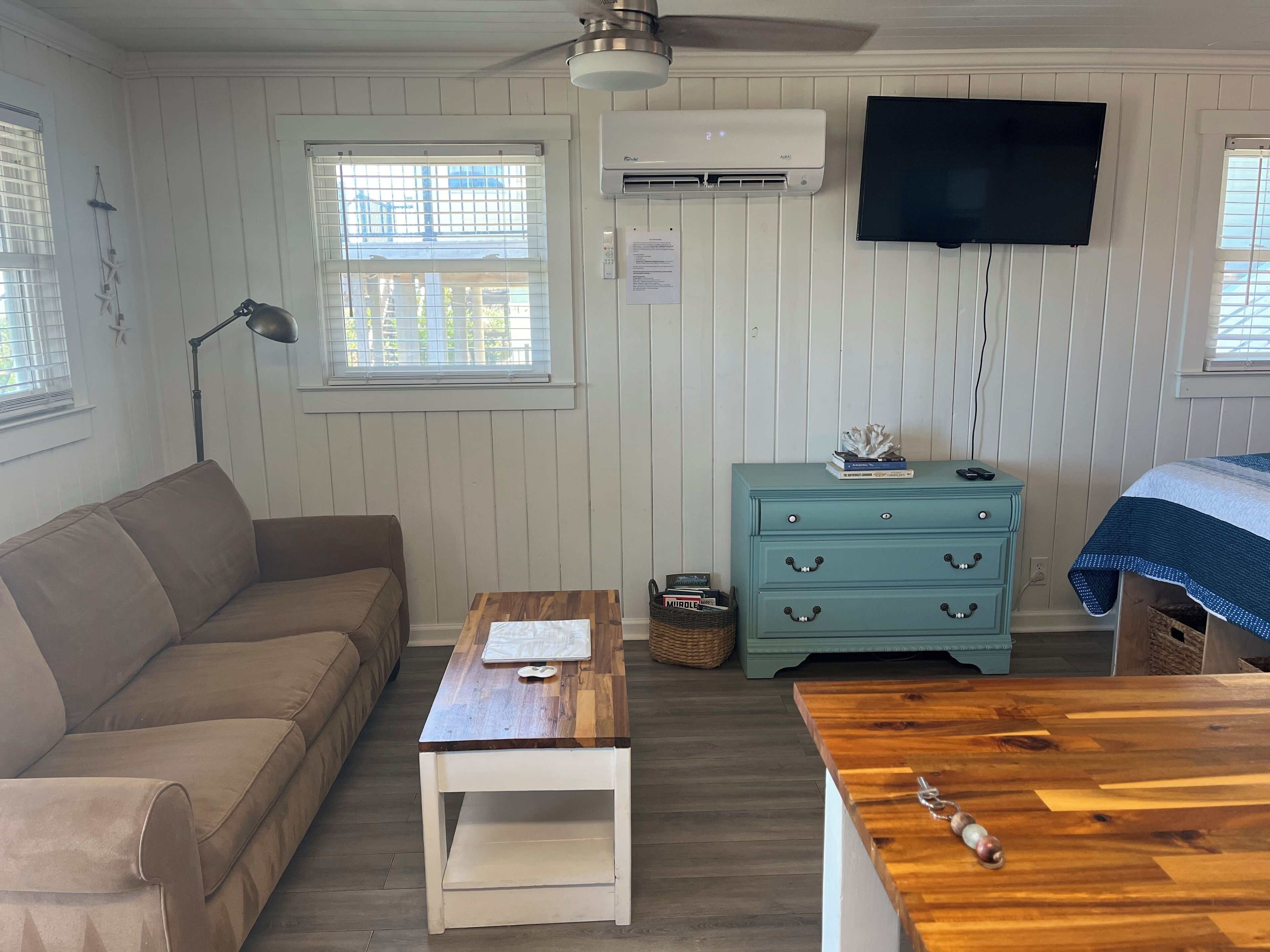 Smart TV, fireplace, DVD player, books