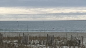 Platja amb una tanca de fusta i vegetació escassa.