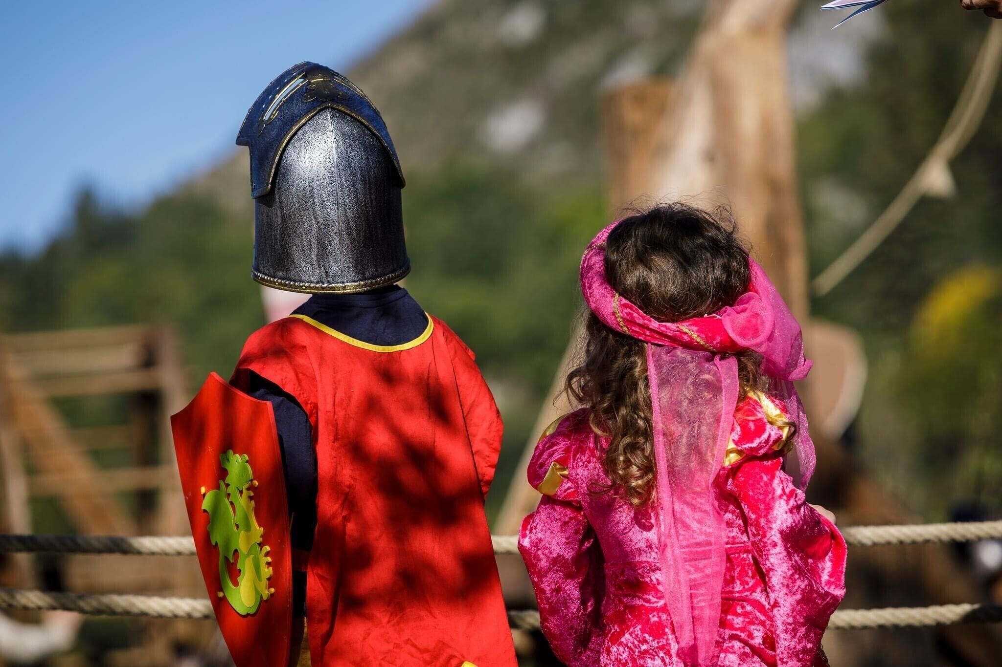 Una persona amb un vestit vermell i negre, amb un escut, de peu a l'aire lliure, amb una tanca de corda al fons.