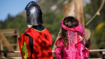 Una persona amb un vestit vermell i negre, amb un escut, de peu a l'aire lliure, amb una tanca de corda al fons.