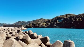 A coastal area with large concrete breakwaters and a clear blue sky.