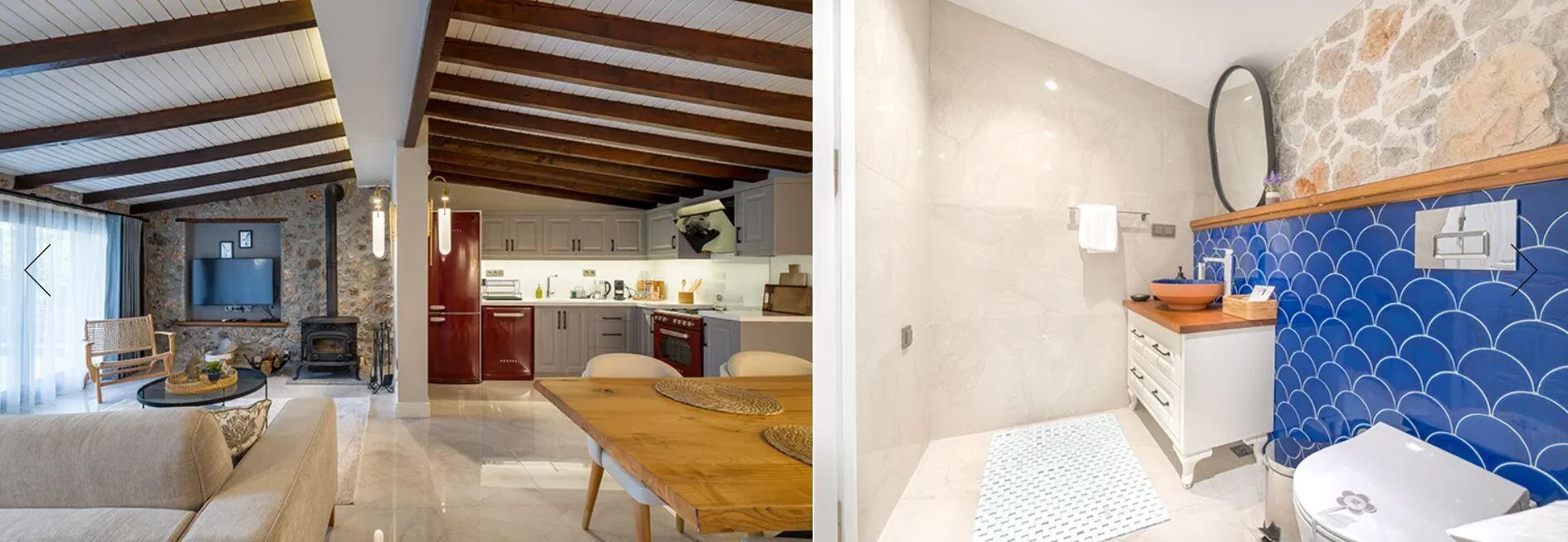 A modern kitchen with wooden beams, a dining area with a wooden table, and a bathroom with a blue tiled wall.