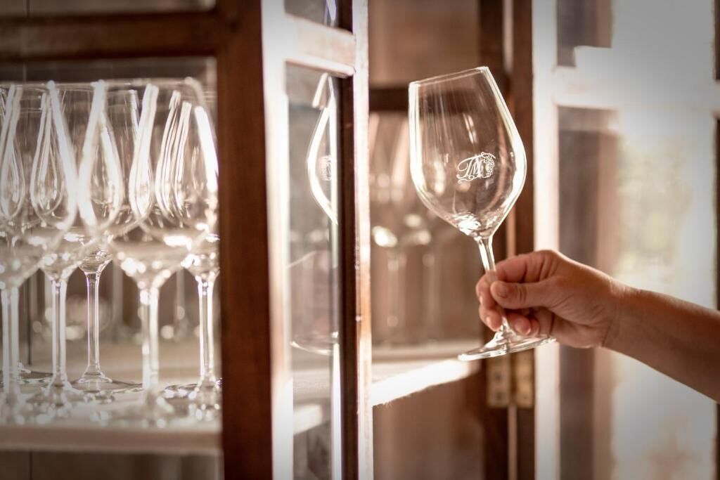 A hand holding a wine glass in front of a display of wine glasses.