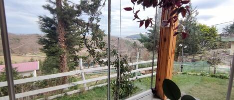 A room with a large window offering a view of a fenced yard with trees and a distant landscape.