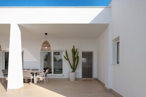 Une terrasse moderne avec une table et des chaises, un grand cactus en pot et une porte-fenêtre coulissante.