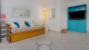 Un dormitorio con cama, televisor, espejo y estante.