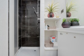Shower, hair dryer, towels