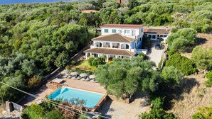 A villa with a swimming pool, surrounded by dense greenery and a mountain in the background. - Holiday Apartment 'mamuthones' with Sea View, Wi-Fi, Terrace & Shared Pool (Orosei)