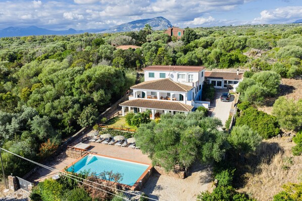 A villa with a swimming pool, surrounded by dense greenery and a mountain in the background.