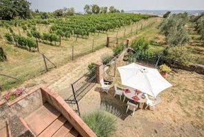 A patio with a table and chairs, a white umbrella, and a view of a vineyard.