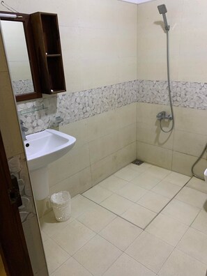 Een bad/douchecombinatie, een bubbelbad, een bidet