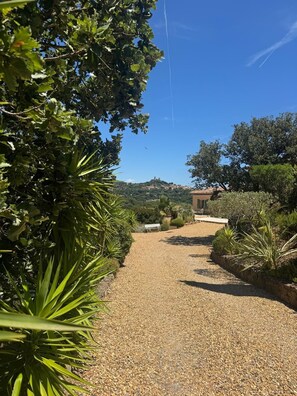 A gravel path leading to a building surrounded by greenery and hills.