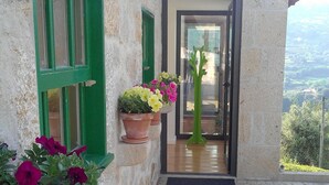 A stone building with green windows and potted plants.