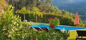 Zona junto a la piscina con sillas de descanso, una piscina y vista a un paisaje boscoso.