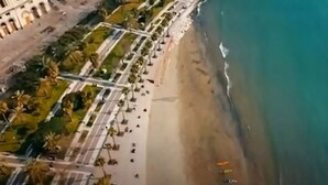 An aerial view of a coastal area with a beach, palm trees, and a road. - Tasso Apartment - between History and the Coast - (Salerno)