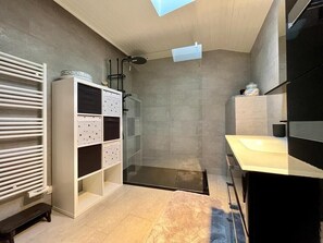 Shower, hair dryer, towels
