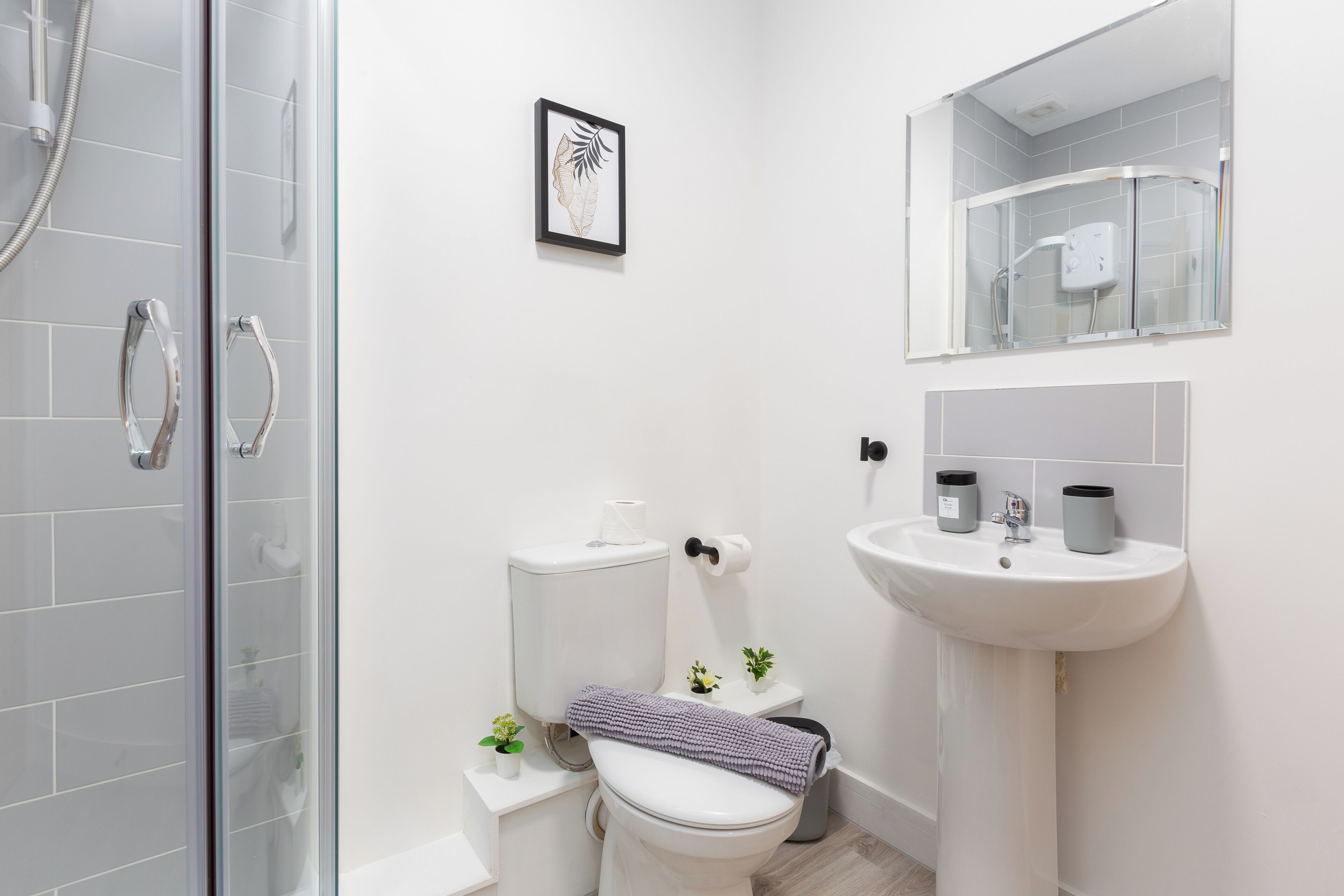 A modern bathroom with a glass shower enclosure, a white toilet, a sink with two soap dispensers, and a framed artwork on the wall.