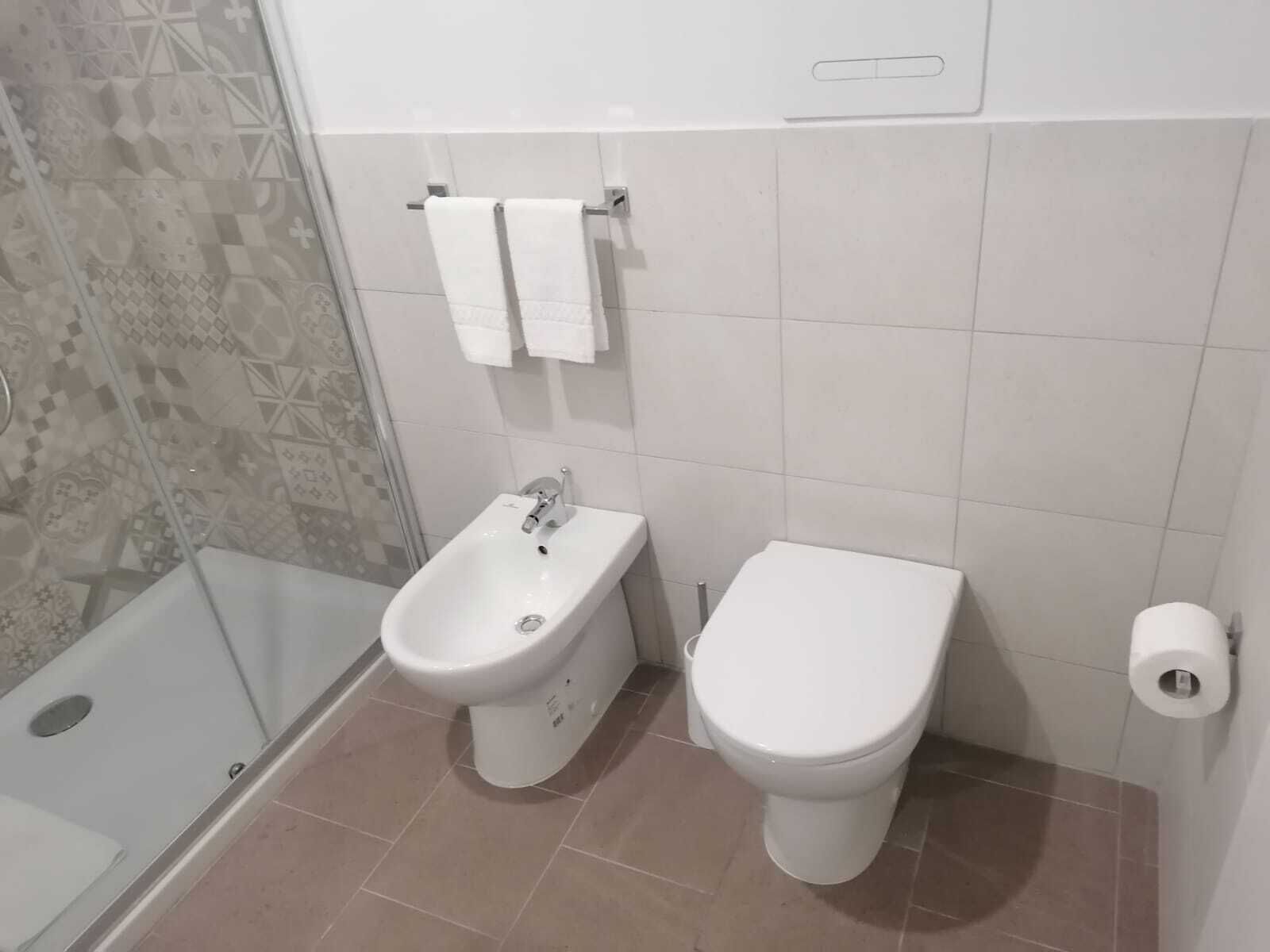 A bathroom with a bidet, toilet, and a shower area.
