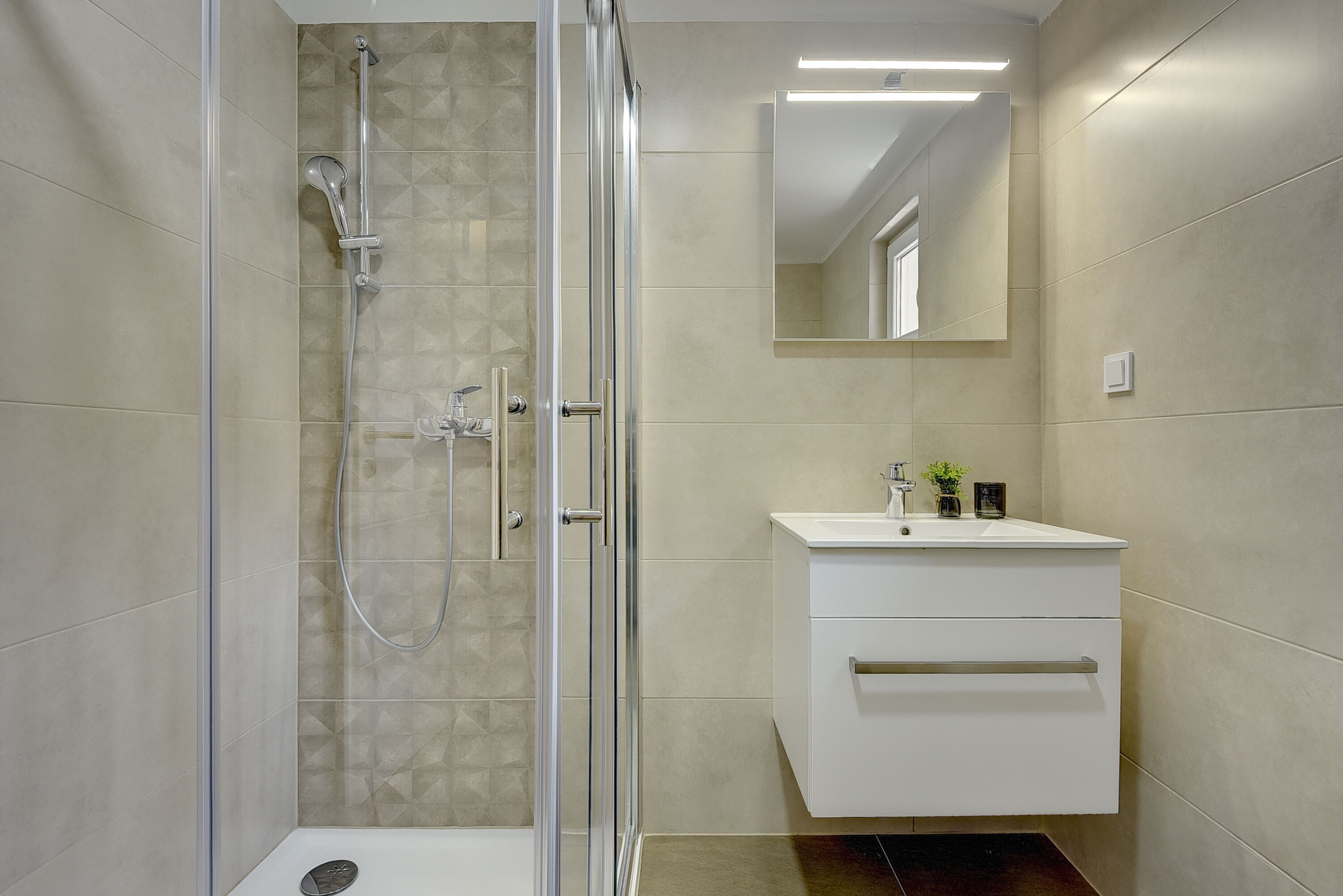 Een moderne badkamer met een douchecabine van glas, een wit wastafelmeubel met spiegel en een kleine potplant.