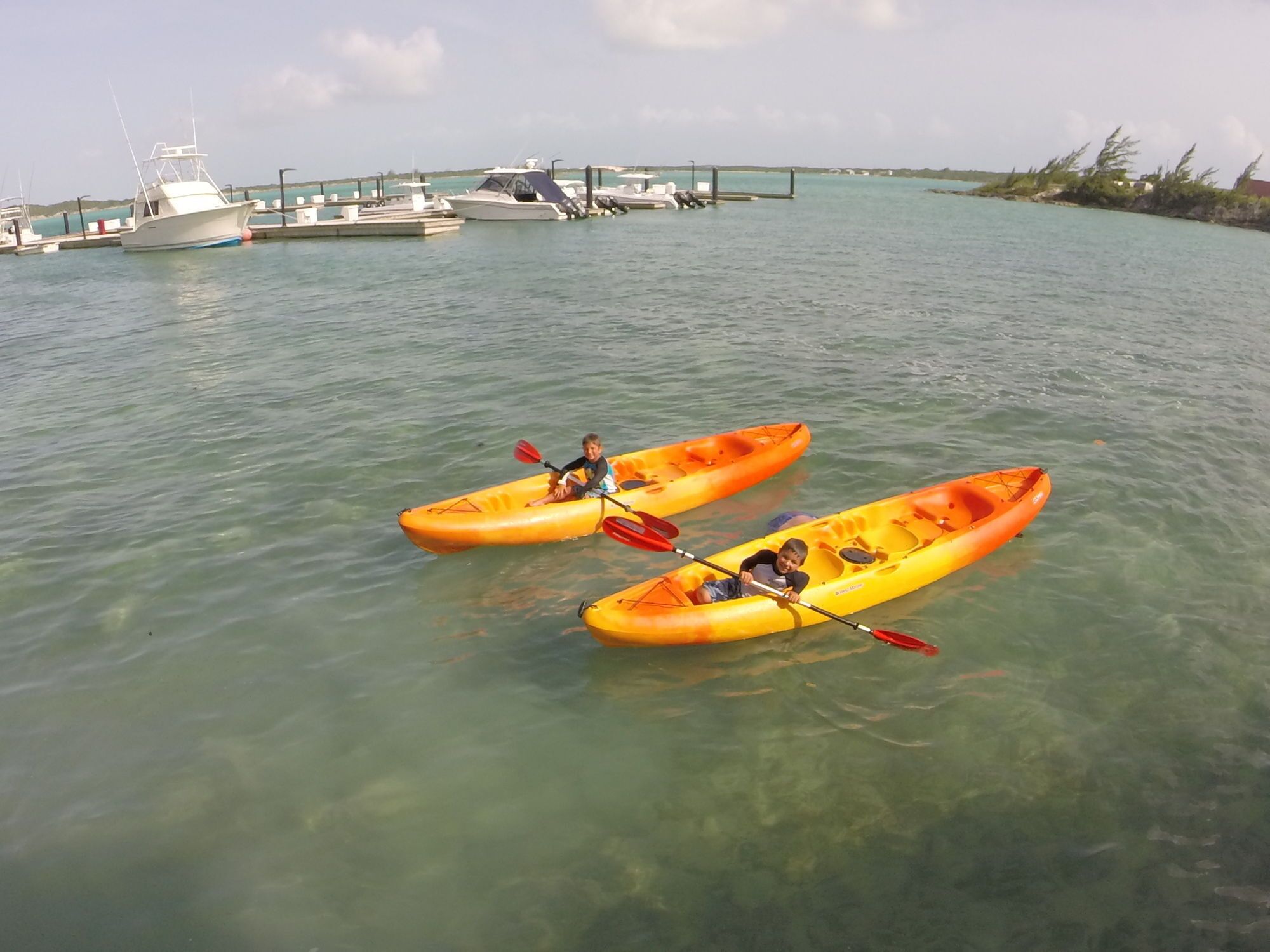 Two kayaks on calm water with a marina and boats in the background.