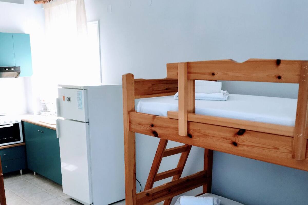 A bunk bed with a ladder, a white refrigerator, and teal cabinets in a kitchen area.
