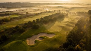 Un campo de golf con búnkeres y árboles, visto desde arriba.