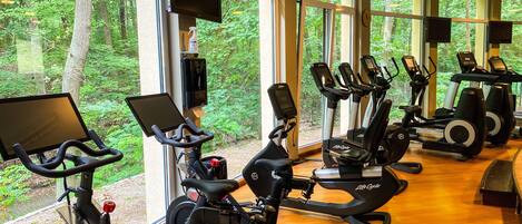 Un gimnasio con diferentes máquinas de ejercicio, amplias ventanas que dan a árboles, y suelo de madera.