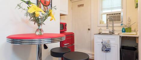 Fridge, microwave, coffee/tea maker, electric kettle