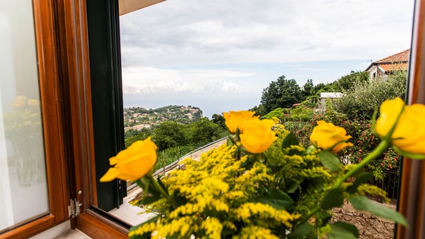 A window with a view of a garden and distant landscape. - Panariello Palace (Agerola)