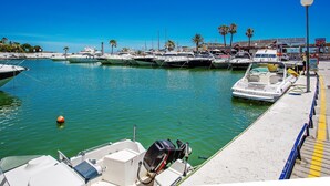 A marina with several boats docked, a clear blue sky, and a few palm trees in the background.