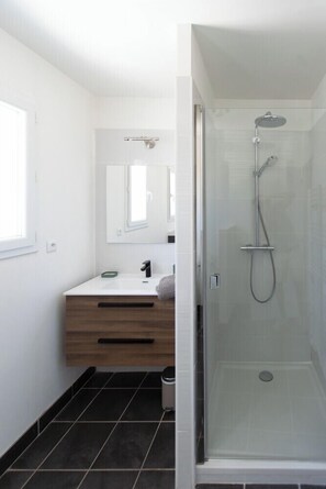 Shower, hair dryer, towels