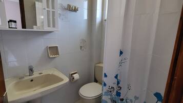 Une salle de bain équipée d’un lavabo, de toilettes et d’un rideau de douche.