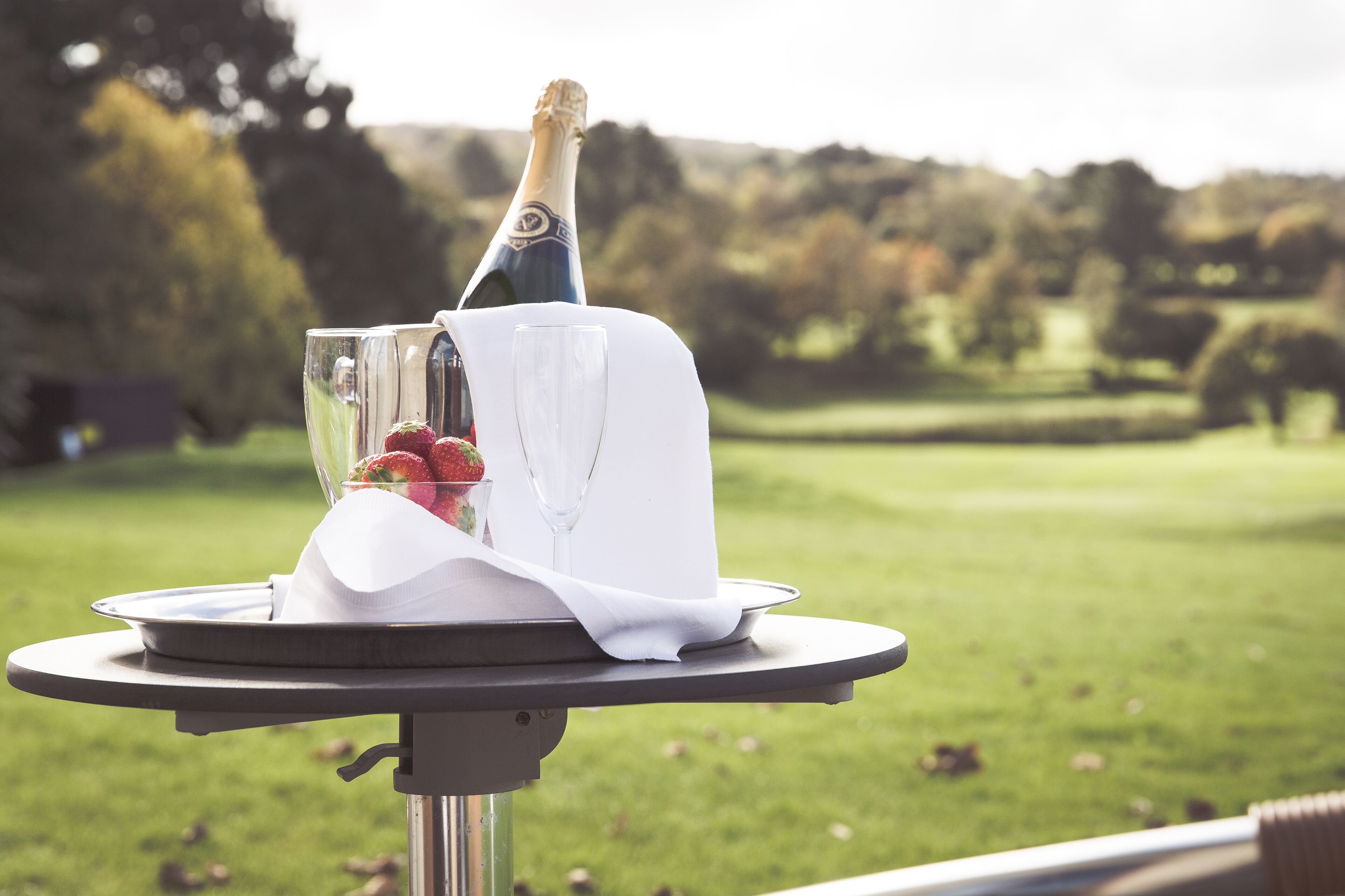 Una mesa con una botella de champán, dos copas y fresas, al aire libre, con un campo cubierto de césped y árboles al fondo.