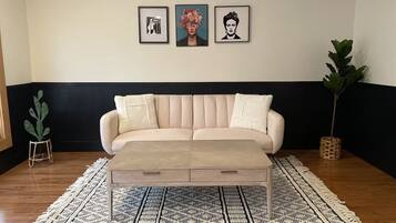 TV, fireplace, books, stereo